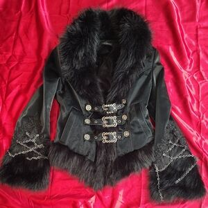 Devil Fashion Gothic Faux Leather Jacket With Faux Fur Trim